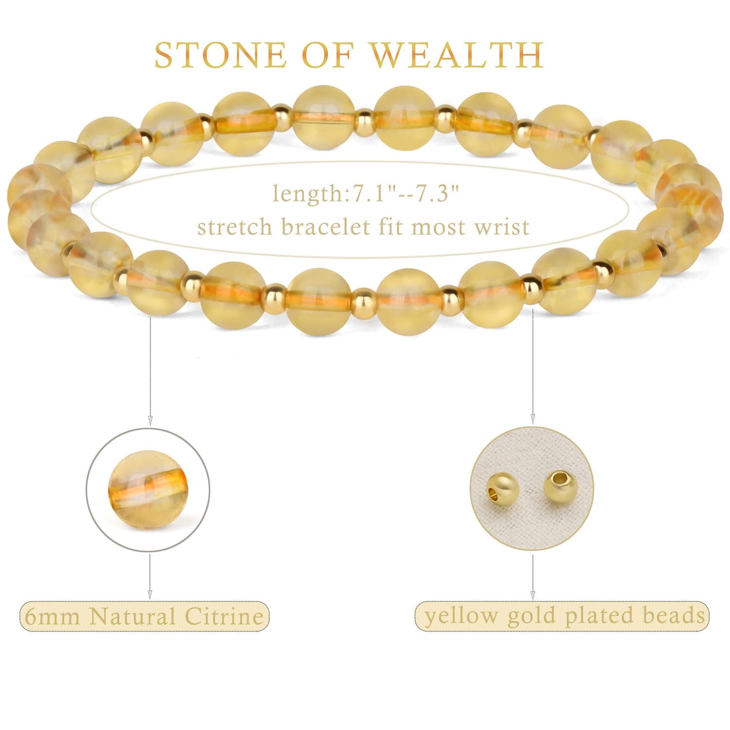 QOGIR Citrine - Stone of Wealth - 14K Gold Plated Beads Natural Gemstone Stretch Elastic Dainty Healing Beaded Bracelets Gifts 6mm