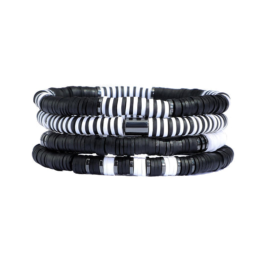 GOOJIDS Black Surfer Heishi Clay Bead Bracelets for Women Bohemian Stackable Gold Beaded Stretch Bracelets Elastic Layering Friendship Bracelets Set Boho Jewelry