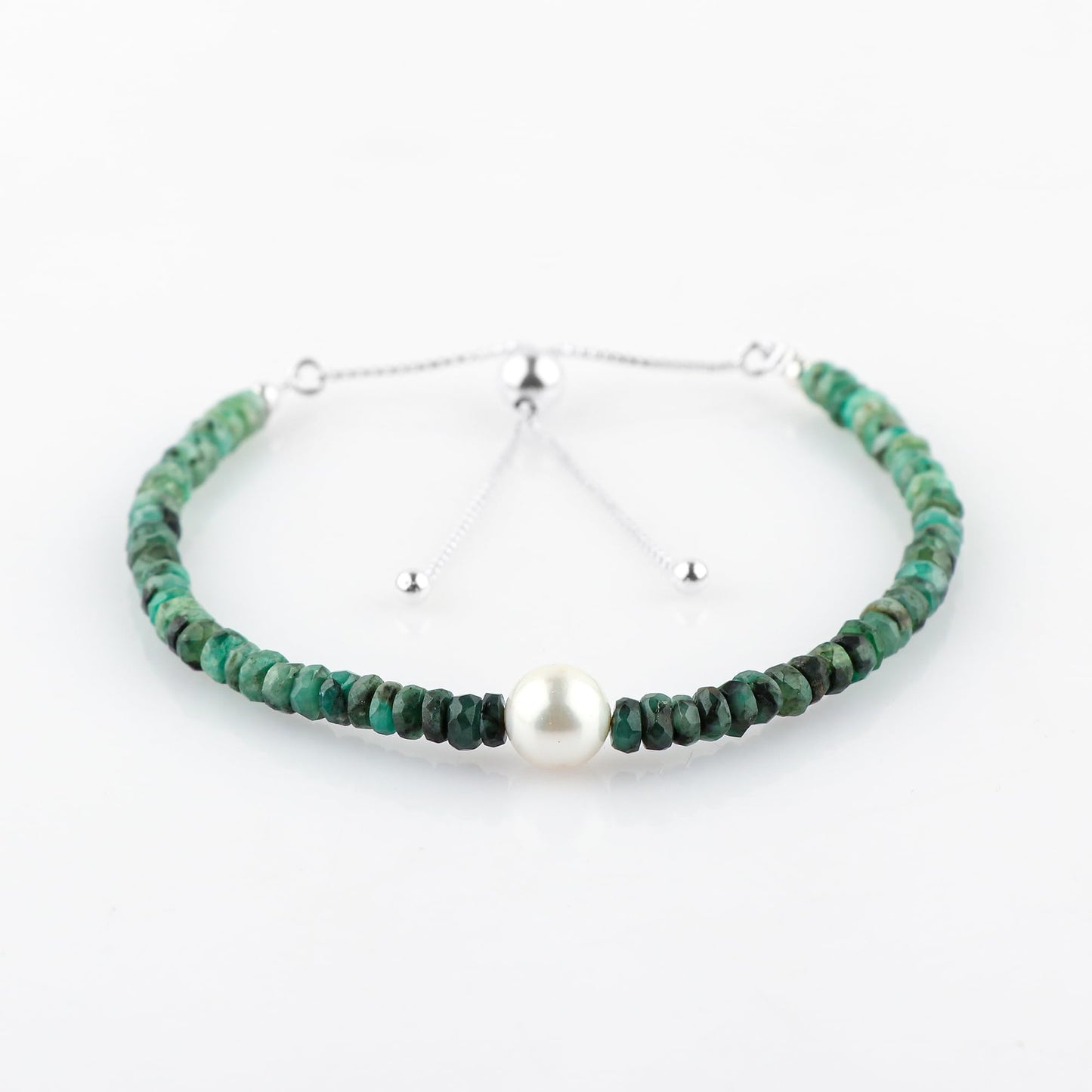 CRYSTALINES Natural Shaded Emerald Gemstones Bolo Bracelet With Pearl, High Grade Stones, Handmade Jewelry, Healing Crystals, Silver Plated Adjustable Slider, Birthday Mothers Day Gift for Women