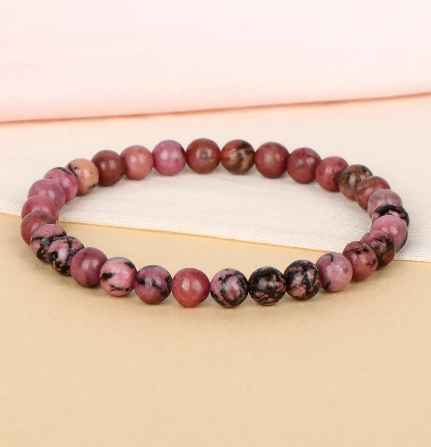 LPBeads Handmade Natural Gemstone Stretch Elastic 6mm Pink Black Rhodonite Bracelet Healing Crystal Round Stone Beads Jewelry Gifts for Women Men