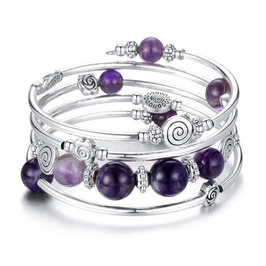 BULINLIN Bead Wrap Bangle Pearl Bracelet - Silver Metal Bracelet Gifts For Women(02-Purple)