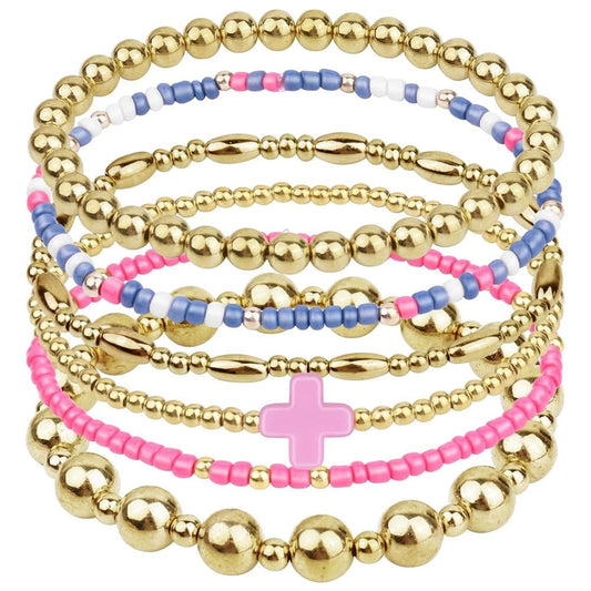 LXSSLY 5Pcs Gold Bead Bracelets Set for Women,14K Gold Plated Stackable Bead Ball Bracelets Set,Adjustable Chunky Bangles Bracelets,Boho Stretch Bead Ball Bracelet for Women (Color1)