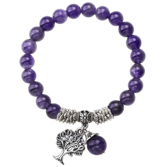 Jovivi 8MM Purple Amethyst Natural Gemstone Healing Crystals Point Life Tree Lucky Charm Stretch Bracelet