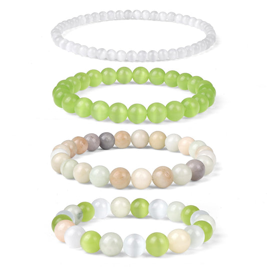 Vinswet 4pcs Natural Stone Beaded Bracelets for Women Men,Healing Crystal Gemstones Stretch Bracelet,4mm 6mm 8mm 10mm Cat Eyes Amazonite Amazonite Anxiety Stress Relief Bracelet Jewelry Gifts