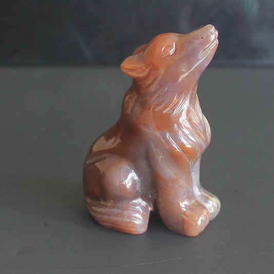 HLbshi Hand Carved Gemstone Crystal Wolf Figurine Animal Statue Carving Office Home Decor Collections 2'' (Multi Ocean Agate)