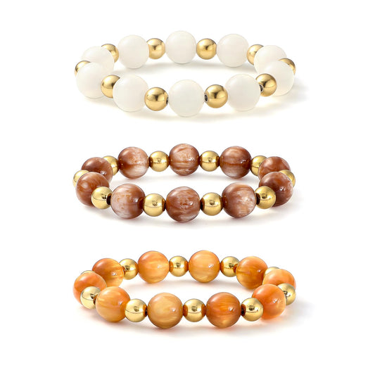 GOOJIDS Brown Beads Gold Plated Heart Beaded Bracelets For Women Dainty Gold Plated Stack Layered Beads Bracelet Gift set for MAMA Birthday Mother's Day
