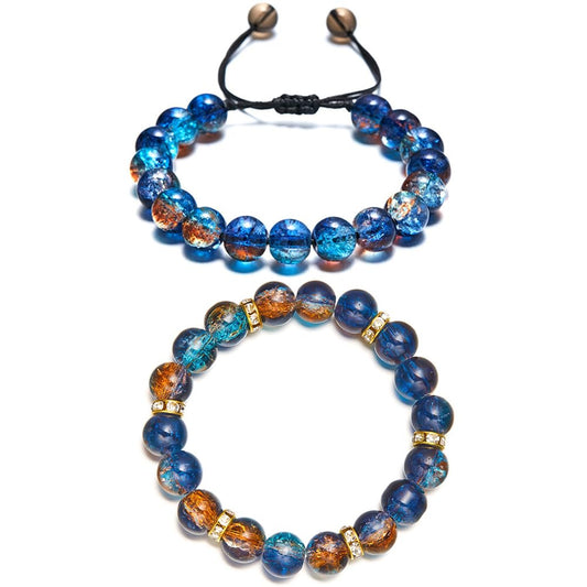 LANG XUAN Beaded Stretch Bracelets for Women Men Healing Crystal Stone Bracelet Bead Adjustable Unisex Gemstones Bracelets 10MM Weave Jewelry Gifts (2pcs Blue brown)