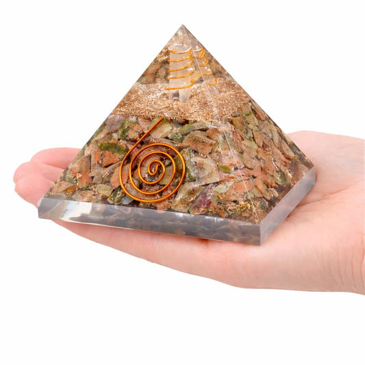 Crocon® Unakite Orgone Pyramid Healing Crystals Stone Orgonite Gemstone Pyramid Stones Reiki Crystal Good Luck Charms Meditation Chakra Organite Home Decor Spiritual Gifts Size 2.5 Inch App.