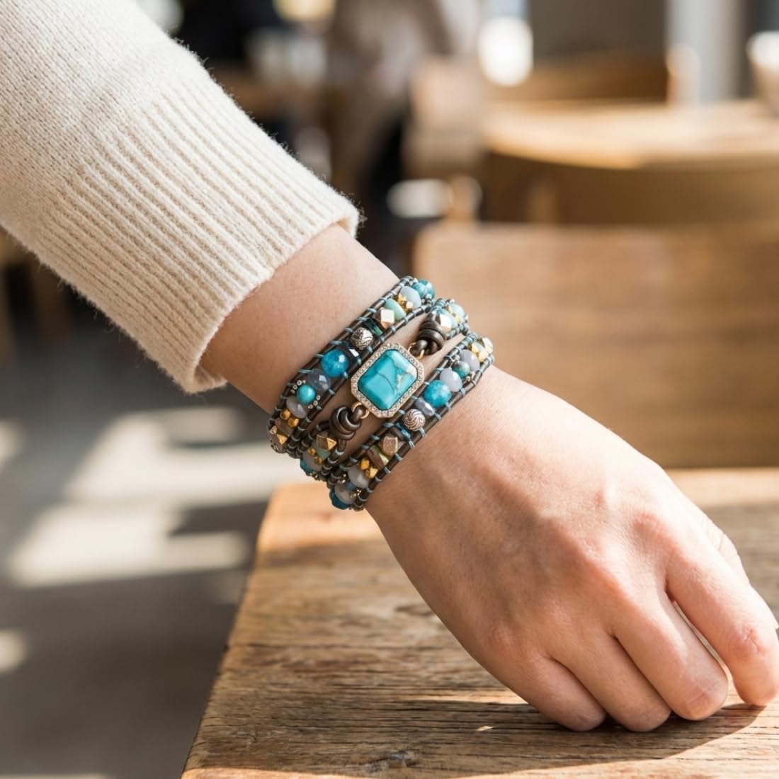 YGLINE Boho Handmade Wrap Leather Tube Crystal Stone Bracelet for Women (3 wrap-blue)