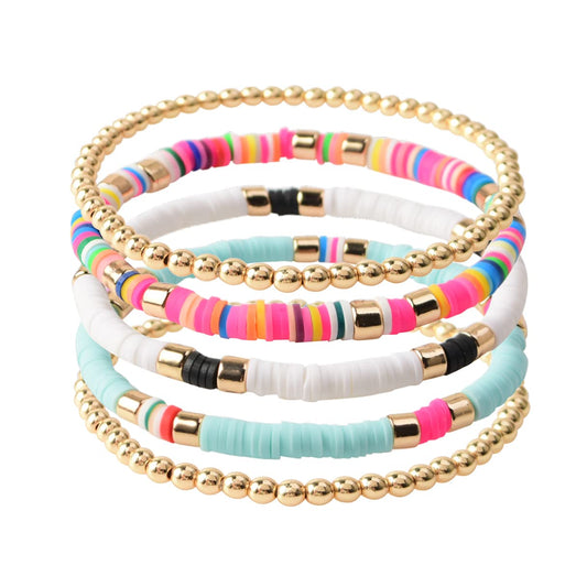 GOOJIDS Surfer Heishi Clay Bead Bracelets for Women Bohemian Stackable Gold Plated Beaded Stretch Bracelets Elastic Layering Friendship Bracelets Set Boho Jewelry