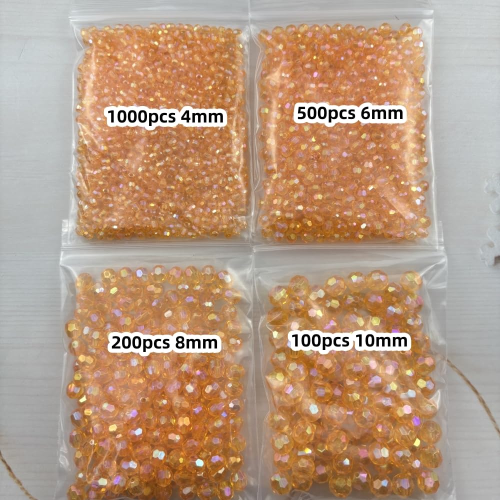 Pinhoollgo 1800pcs Acrylic Faceted Round Beads 4mm 6mm 8mm 10mm AB Colors Glossy Acrylic Round Spacer Beads with Hole for DIY Bracelet Necklace Jewelry Making Supplies Handmade Craft(Orange AB)