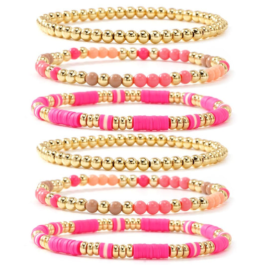 Bohxantium Gold Beaded Friendship Bracelets Stack for Women Boho Pink Heishi Clay 14K Gold Plated Beads Ball Stackable Stretch Surfer Colorful Preppy Bracelet Trendy Jewelry Daily Wear Birthday Gift