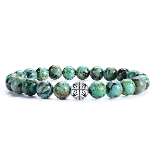 MetJakt Healing Crystals Beaded Bracelets for Womens Natural Gemstone 8mm Beads Stretch Bracelets with 925 Sterling Silver Double Happiness Pendant (African Turquoise AAAAA+)