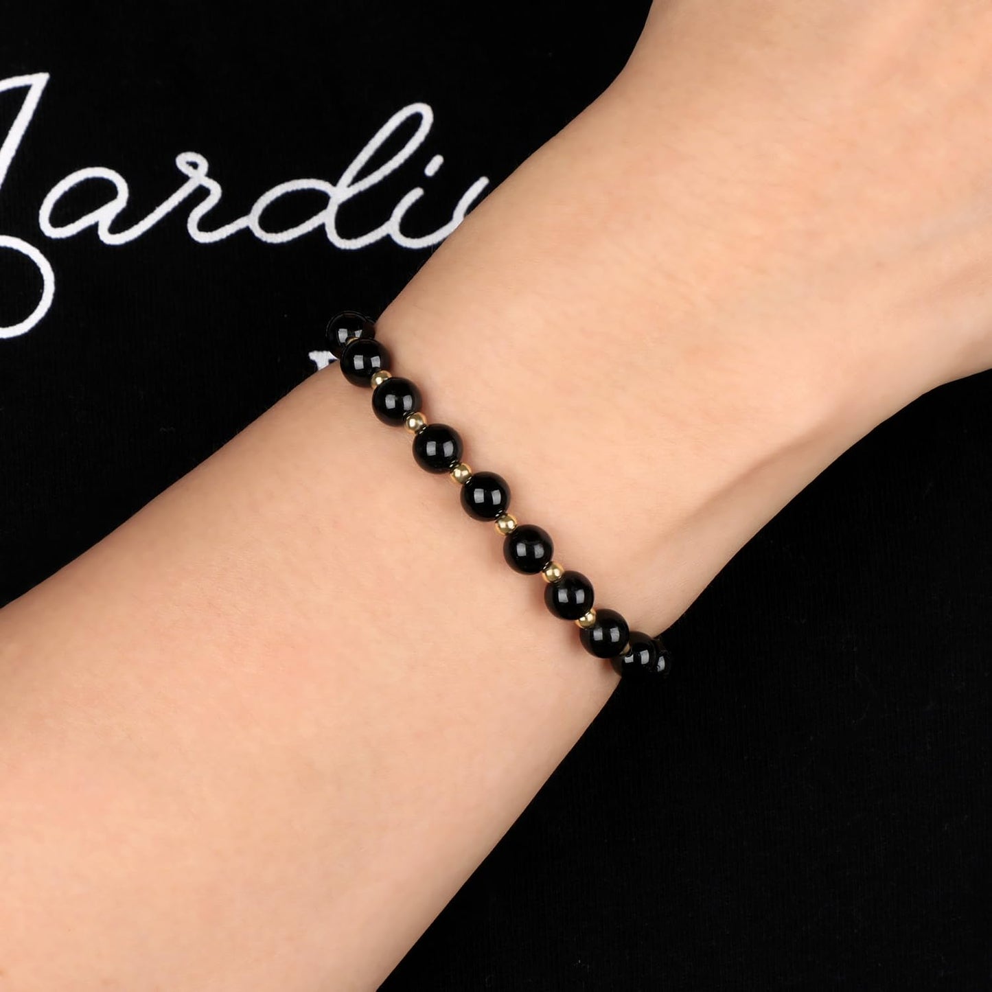 QOGIR Black Onyx - Protecting and Grounding - 14K Gold Plated Beads Natural Gemstone Stretch Elastic Dainty Healing Beaded Bracelets Gifts 6mm