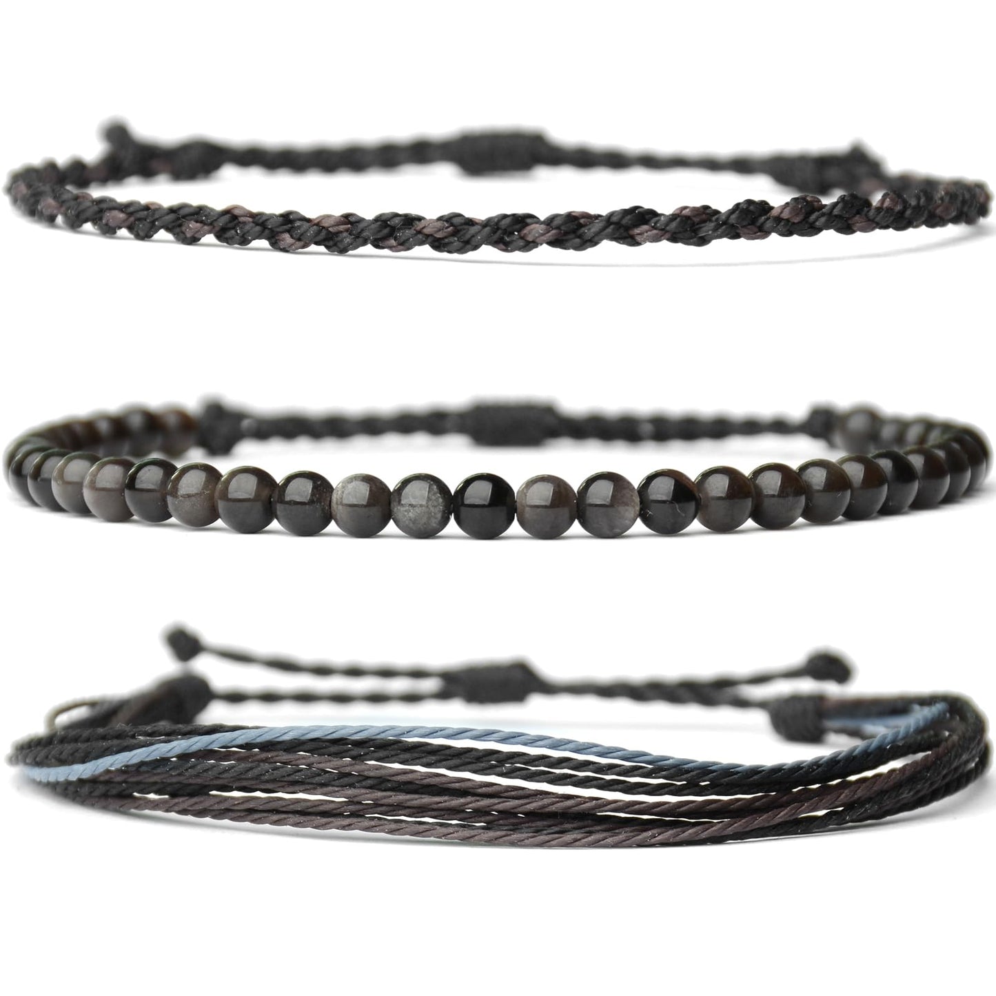 Handmade Natural Stone Beaded Healing Bracelet Gift for Men Adjustable Rope String Bracelet (Silver Sheen Obsidian, Adjustable)