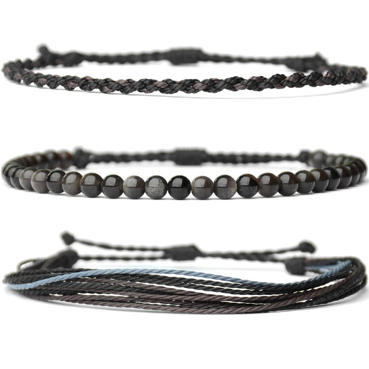 Handmade Natural Stone Beaded Healing Bracelet Gift for Men Adjustable Rope String Bracelet (Silver Sheen Obsidian, Adjustable)