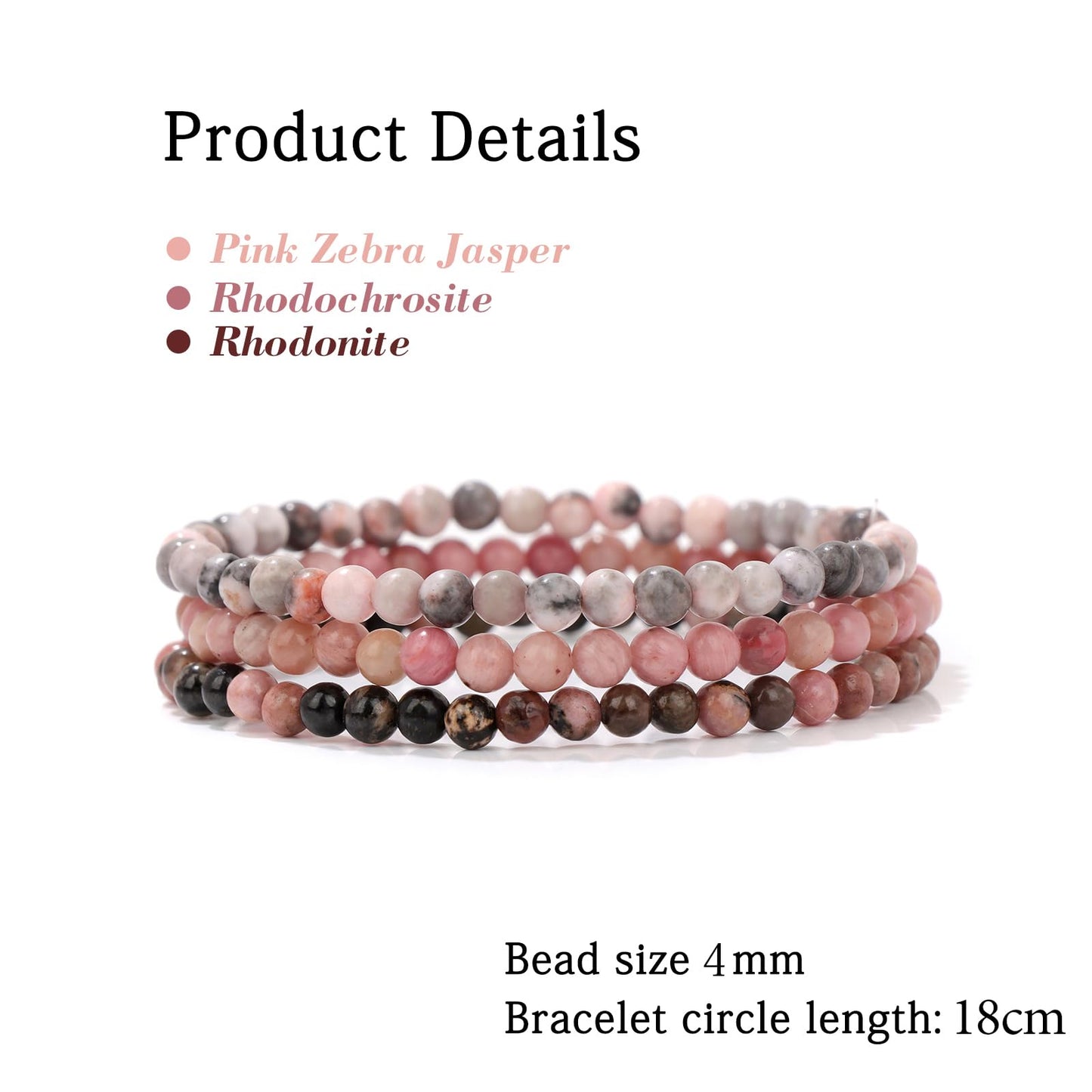 Risyfjew 3 PCS Healing Crystal Bracelets Women 4mm Natural Stone Beaded Stretch Bracelet Pink Zebra Jasper Jewelry Gifts