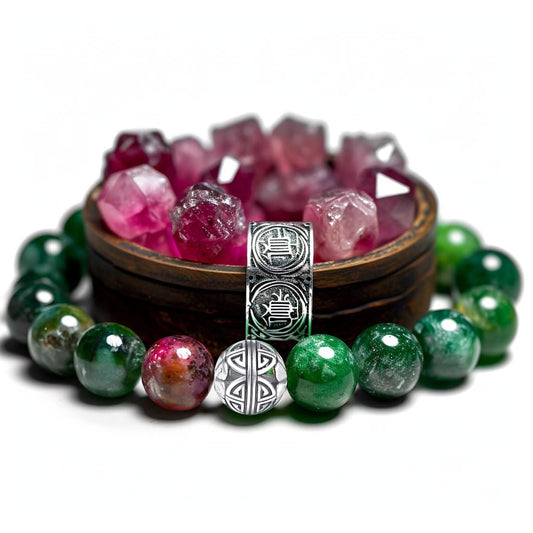 MetJakt Healing Crystals Beaded Bracelets for Womens Natural Gemstone 8mm Beads Stretch Bracelets with 925 Sterling Silver Double Happiness Pendant (Ruby Zoisite)