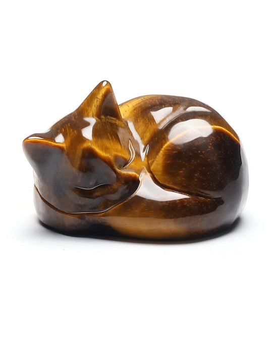 Jovivi Tiger Eye Sleeping Cat Crystal Figurine,1.6" Natural Stone Polished Carved Gemstones Lucky Kitten Statue Sculpture Home Office Desk Decor Cat Gifts for Women Cat Lovers