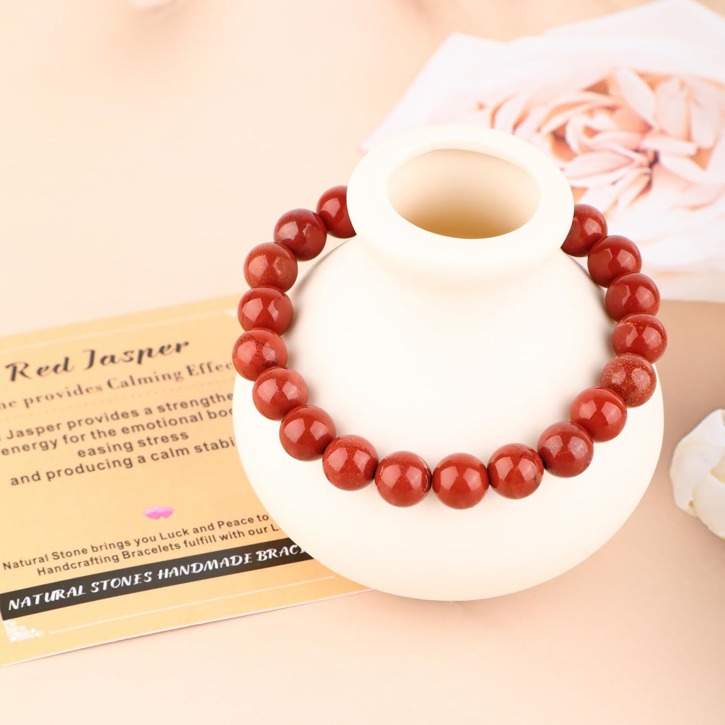 AD Beads 10mm Handmade Red Jasper Elastic Bracelet – Natural Gemstone for Stone provides Calming Effects – Meditation, Yoga, Healing and Energy Gift for Men Women