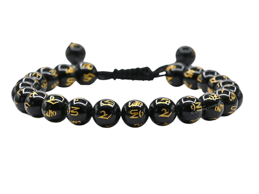 Amazing Gemstone Om Mani Black Agate Bracelet for Women Men's Gifts - Protection Healing Crystal Bracelet - 8mm Gemstones Beaded Adjustable Bracelet Pulseras Para Hombres Mujer Stocking Stuffers