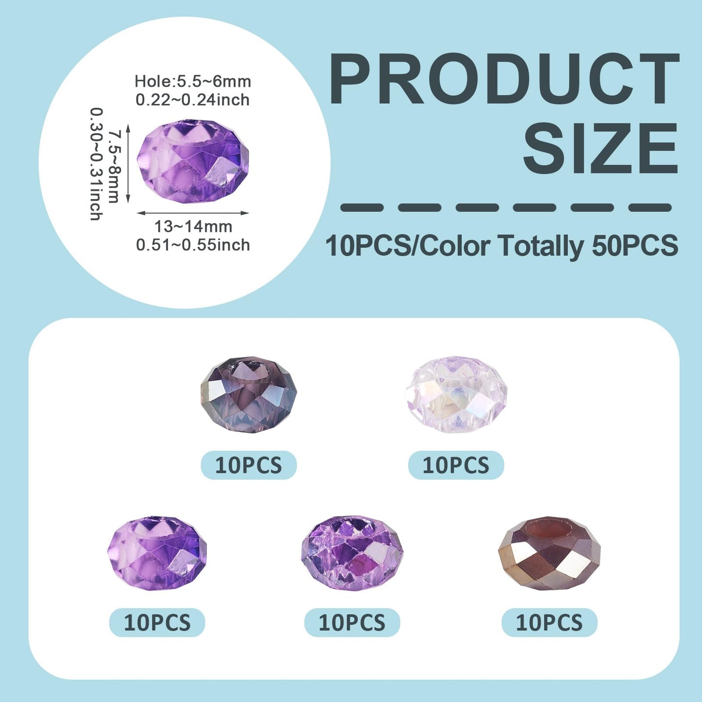 Craftdady 50Pcs Large Hole European Beads Glass Faceted Crystal Bead AB Color Rondelle Loose Bead Purple Color Theme Beads for Crafts DIY Necklace Bracelet Jewelry Making Hole: 5.5-6mm