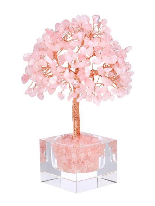 Jovivi Large Crystal Tree with Square Glass Base, Rose Quartz Healing Crystals Tree Life Natural Chipped Gemstone Money Trees Feng Shui Good Luck Positive Energy Pink Home Desk Decor