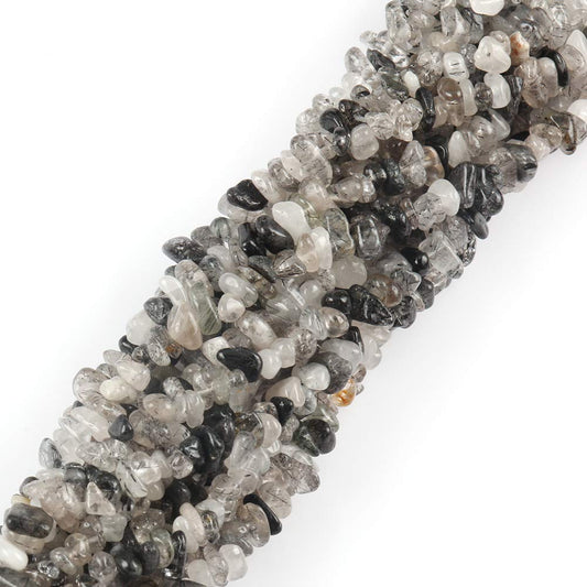 HAAMIIQII 5-8mm Natural Black Rutilated Quartz Chips Beads Irregular Chip Stones Loose Gemstone Energy Healing Beads for Jewelry Making Strand 30 Inch