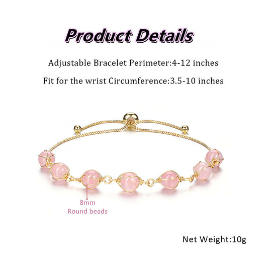 PESOENTH Rose Quartz Crystal Healing Bracelet for Women Natural Crystal Gemstone Beads Anxiety Stone Spiritual 14K Gold Bracelet Pink Jewelry gifts for Women