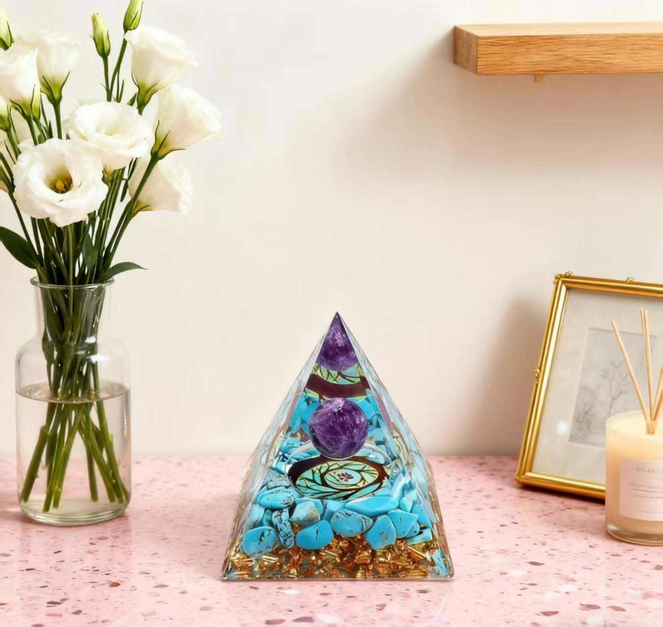 ycyingcheng Moonstone Crystal Orgone Pyramid Ogan Crystal Energy Tower, Nature Reiki Chakra Crushed Stone Jewelry, Crystal Pyramid for Home Decor (Turquoise+Amethyst Ball)