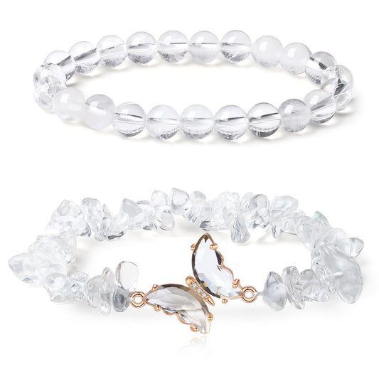 DUQGUHO 2Pcs Clear Quartz Bracelets for Women Butterfly Bracelets for Women White Crystal Bracelets Gemstone Bead Jewelry Cute Butterfly Charm Bracelet 8mm Crystal Beaded Jewelry Gifts for Women