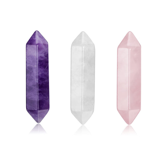 CrystalTears Healing Crystal Stones Set Hexagonal Natural Amethyst Rose Quartz Clear Quartz Reiki Healing Quartz Crystals Points Bulk Gemstone for Chakra Meditation Crystal Therapy 1.18"-1.3"