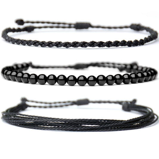 Handmade Natural Stone Beaded Healing Bracelet Gift for Men Adjustable Rope String Bracelet (Onyx, Adjustable)