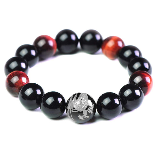 Merdia Men's Tiger Eye Stone Elastic Bead Bracelet with Loong Pattern