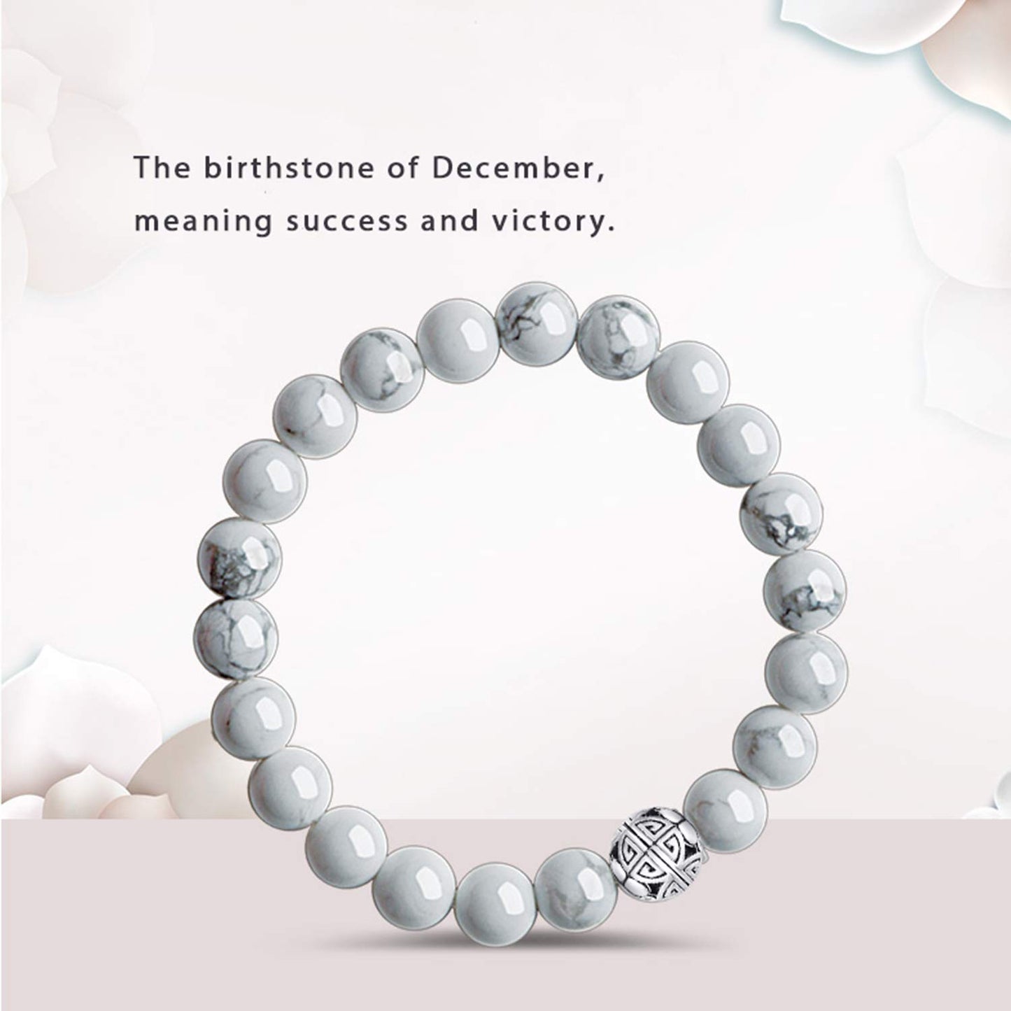 MetJakt Healing Crystals Beaded Bracelets for Womens Natural Gemstone 8mm Beads Stretch Bracelets with 925 Sterling Silver Double Happiness Pendant (Howlite)