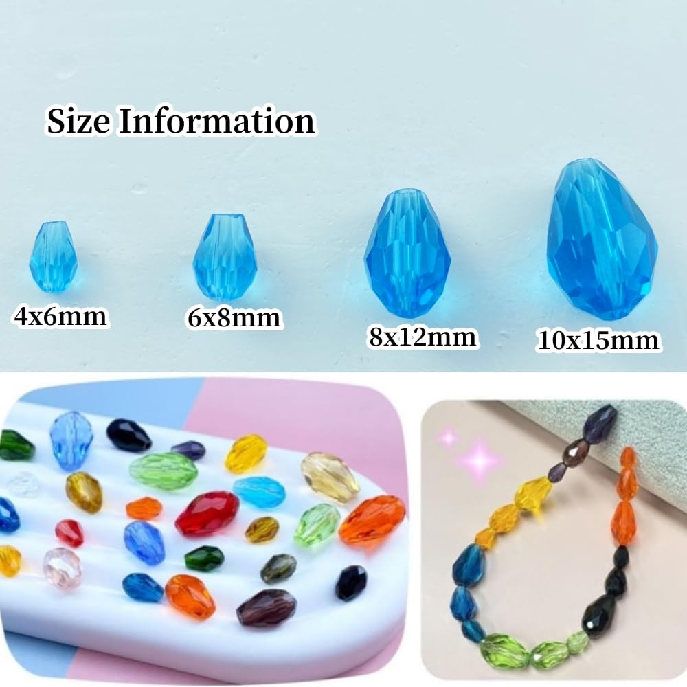 Honkoolly 100pcs 8x12mm Teardrop Crystal Glass Beads Vertical Hole Faceted Glass Teardrop Spacer Beads for Bracelets Necklace Earring DIY Jewelry Making Craft(Lake Blue)