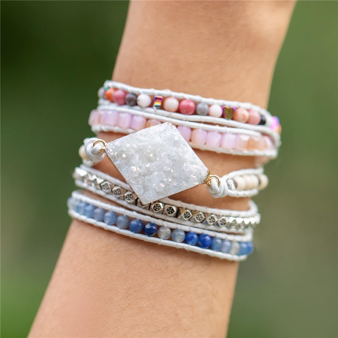 YGLINE Boho Handmade Wrap Leather Tube Crystal Stone Bracelet for Women (Druzy Stone)