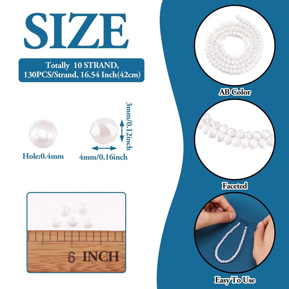10 Strands Faceted Round White Glass Beads 4mm Rondelle Briolette AB Color Crystal Beads Bulk 1300pcs Tiny Loose Spacer Ball for Bracelets Jewelry Making
