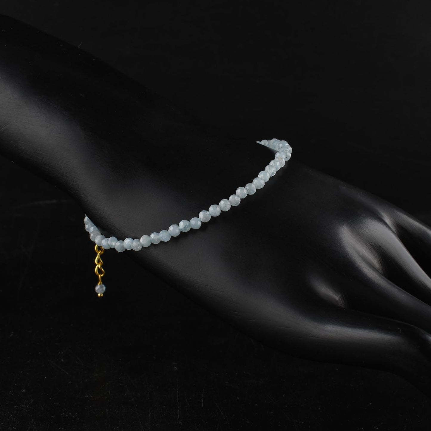 Natural Blue Aquamarine Gemstone Micro Beads Dainty Bracelet Jewelry for Women, March Birthstone, Chakra Energy Crystals, 14k Gold Plated Chain 8 inch Adjustable