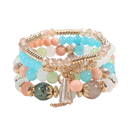 LOTSOF Bohemian Green Jade Stackable Bracelet Set - 4-Layer Stretch Beaded Bracelets with Gold Accents, Boho Jewelry for Women, Fashion Statement Accessory (Gift Ready) (Blue Mix Pink)