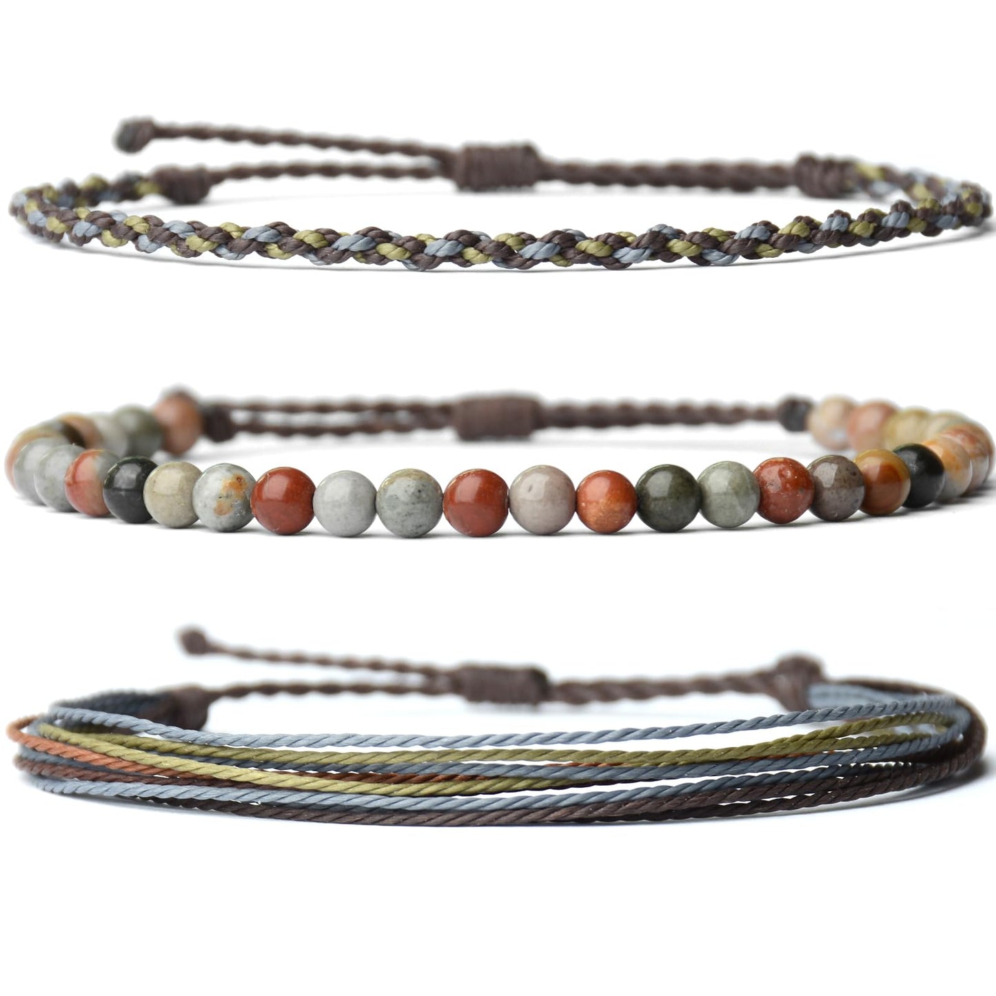 Handmade Natural Stone Beaded Healing Bracelet Gift for Men Adjustable Rope String Bracelet (Picture Jasper（Blue）, Adjustable)