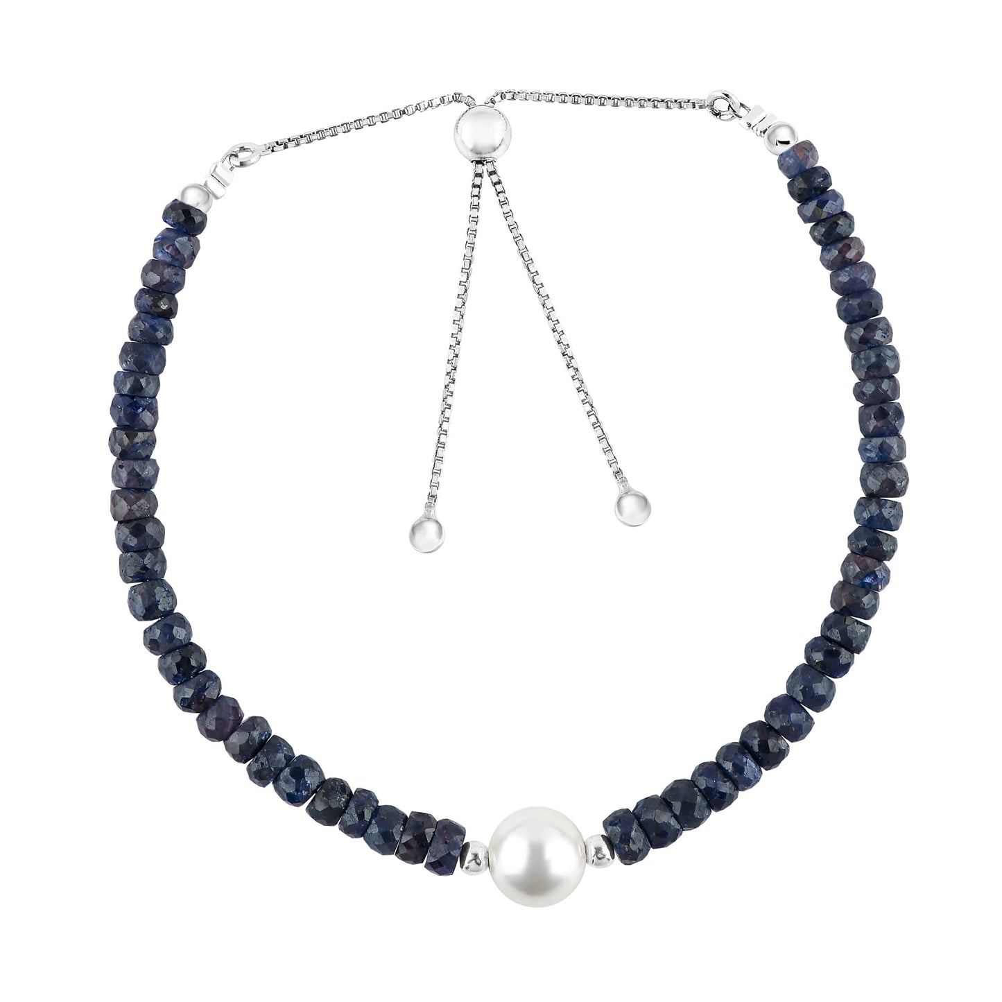 CRYSTALINES Genuine Blue Sapphire Color Curundum Gemstones Beads Bolo Bracelet with Pearl, Handmade Bracelet, Healing Crystals, Silver Jewelry, Adjustable Chain, Gift for Women, 10inch