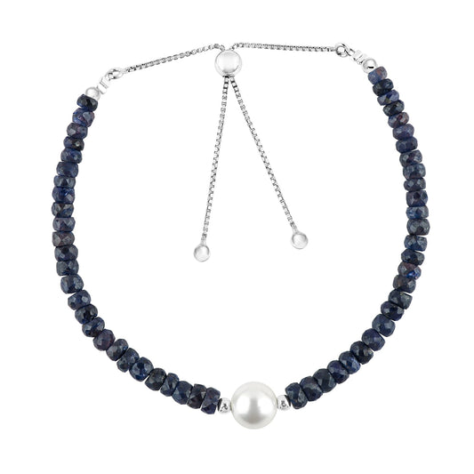 CRYSTALINES Genuine Blue Sapphire Color Curundum Gemstones Beads Bolo Bracelet with Pearl, Handmade Bracelet, Healing Crystals, Silver Jewelry, Adjustable Chain, Gift for Women, 10inch
