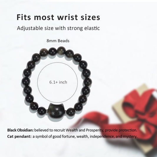 Beaded Bracelets for Women, Black Obsidian Money Attraction Bracelet, 8mm Healing Relax Anxiety Luck Crystal Bead Bracelets, Adjustable Jewelry Feng Shui Stretch Bracelet Cat Lover Gifts for Women Men