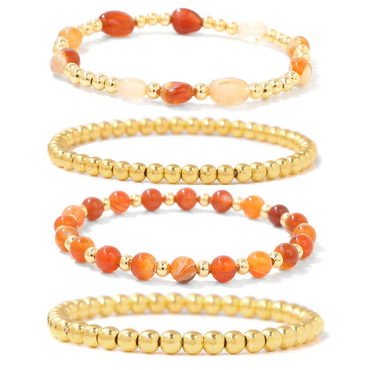 MORIANCE Carnelian & Gold Bead Stackable Bracelet Set for Women - 4pcs (2x Carnelian Stretch, 2x Gold Beaded) - Orange, Classic Style - Anniversary, Birthday