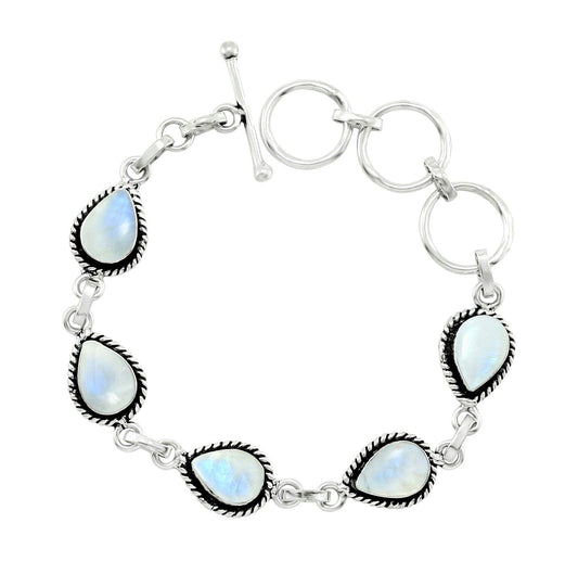 Natural Moonstone Silver Plated Link Bracelet for Women - White Stone June Birthstone Handmade Vintage Style Adjustable Bracelet - Birthday Wedding Christmas Gifts for Her
