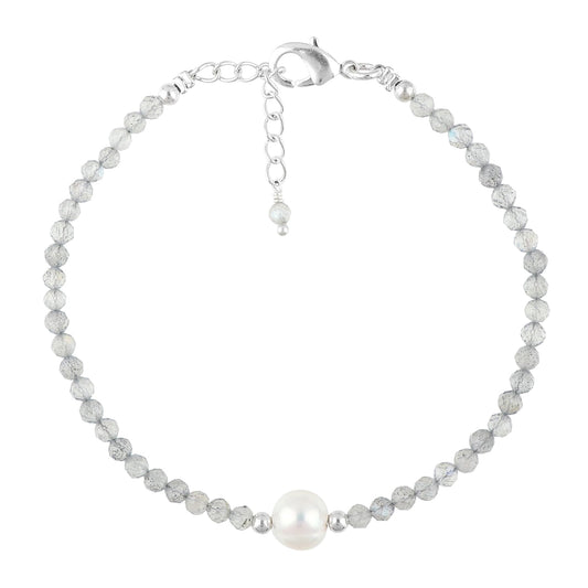 CRYSTALINES Natural Labradorite Gemstone Bracelet, Cultured Pearls Beads Stones, Handmade Hypoallergenic Boho Jewelry for Women, Healing Crystals, Adjustable Silver Plated 7+1inch, Birthday Gift