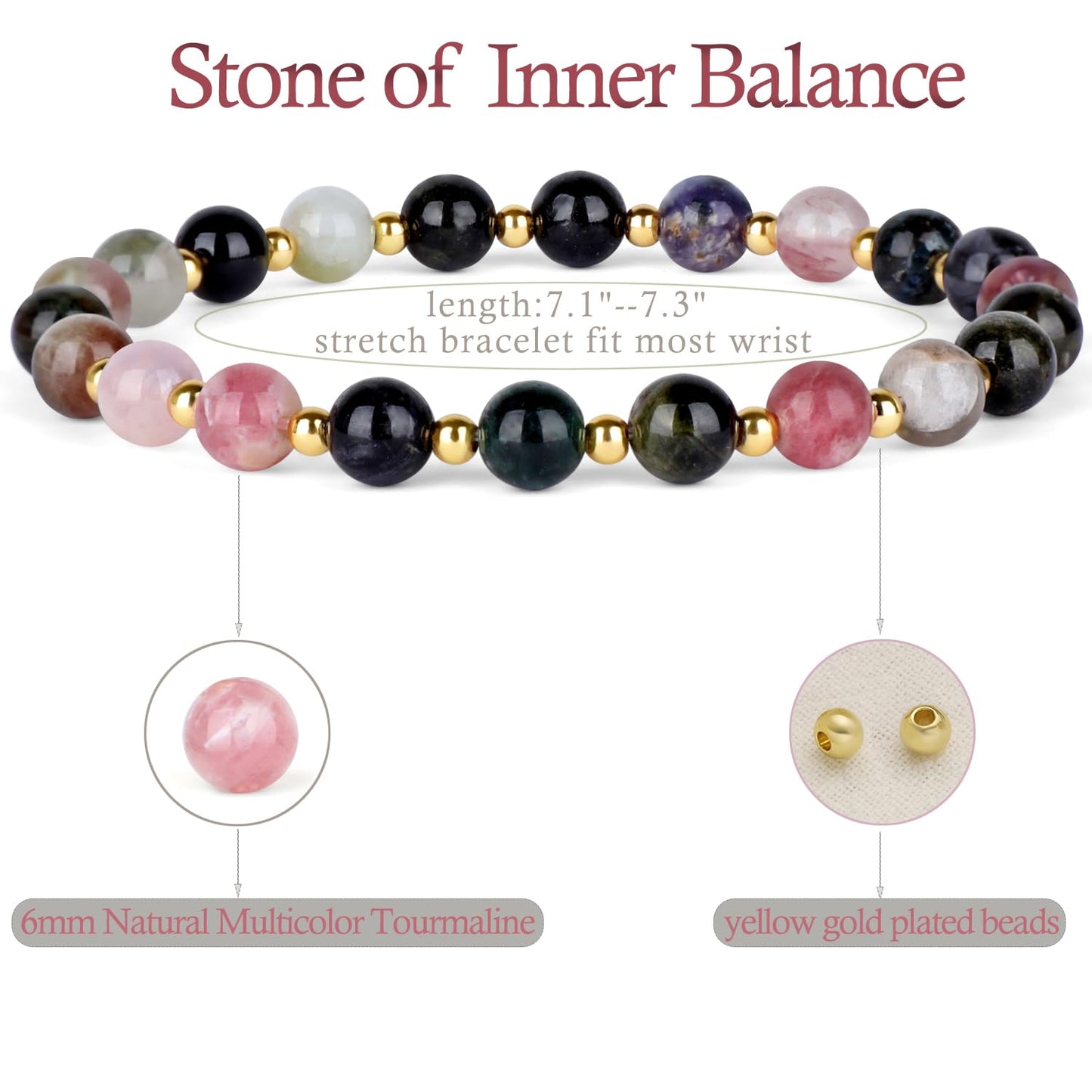 QOGIR Multicolor Tourmaline - Stone of Inner Balance - 14K Gold Plated Beads Natural Gemstone Stretch Elastic Dainty Healing Beaded Bracelets Gifts 6mm