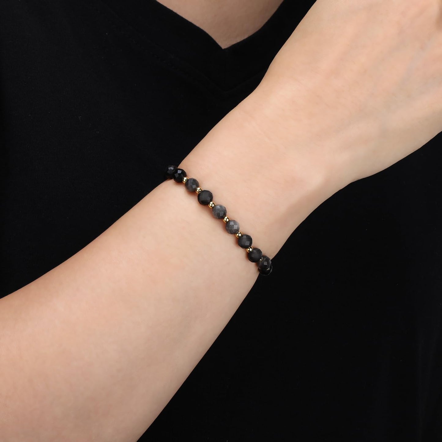QOGIR Silver Obsidian - Fortune and Strength - 14K Gold Plated Beads Natural Gemstone Stretch Elastic Dainty Healing Beaded Bracelets Gifts 6mm