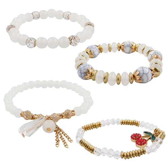 Gold Beaded Bracelets Set for Women, Elegant Pearl Bead Design Dainty Round Bead Ball Pearl Bracelet Stack for Women, Lightweight Stretch Bracelets